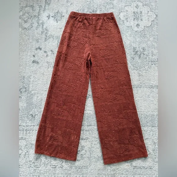 ZARA Women’s Rust Textured Jacquard Wide-Leg Pants Boho Floral Lounge Trousers M - Picture 3 of 12
